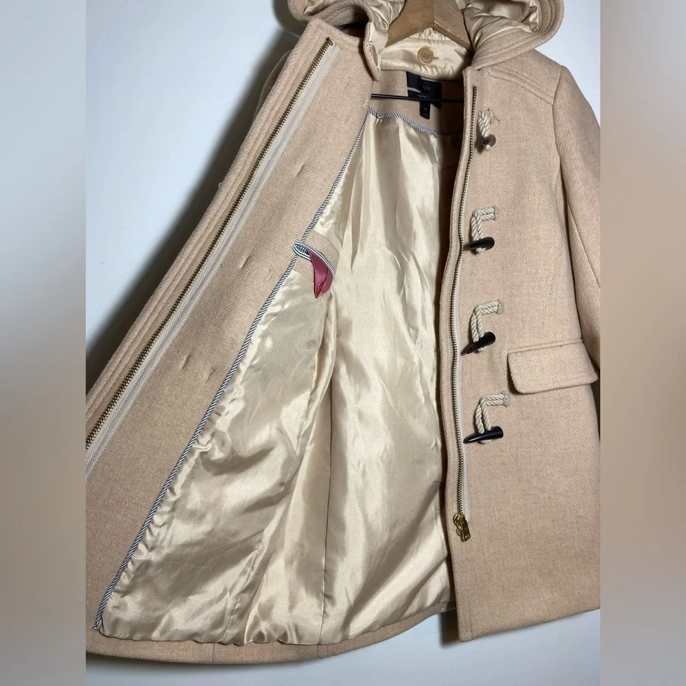 $350-J.Crew the 2007 Italian stadium-cloth wool toggle Hood coat BEIGE Sz 0P - Picture 4 of 9